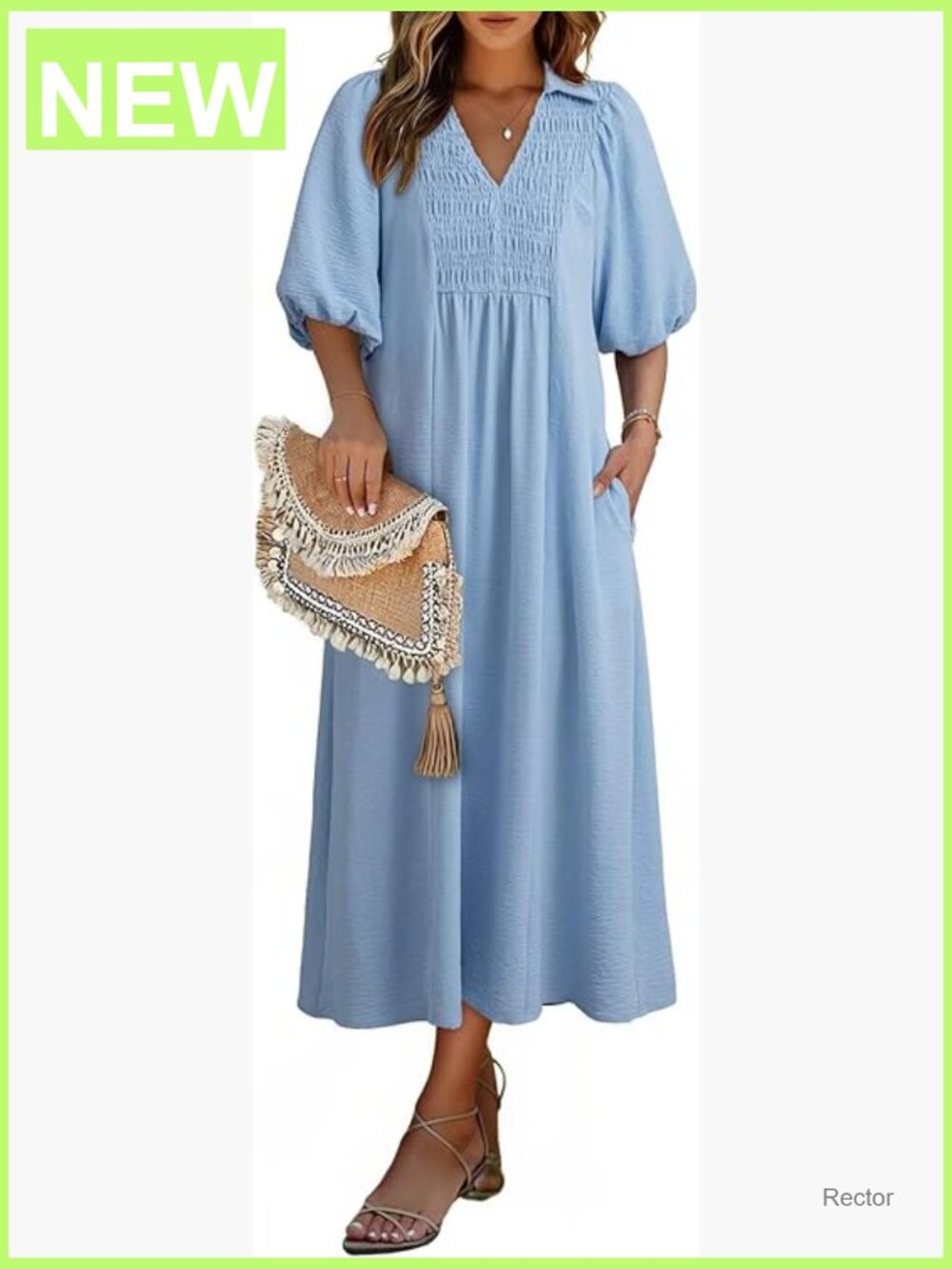 Puff Sleeve V Neck Empire Waist Maxi Dress Summer Casual - Picture 1 of 7